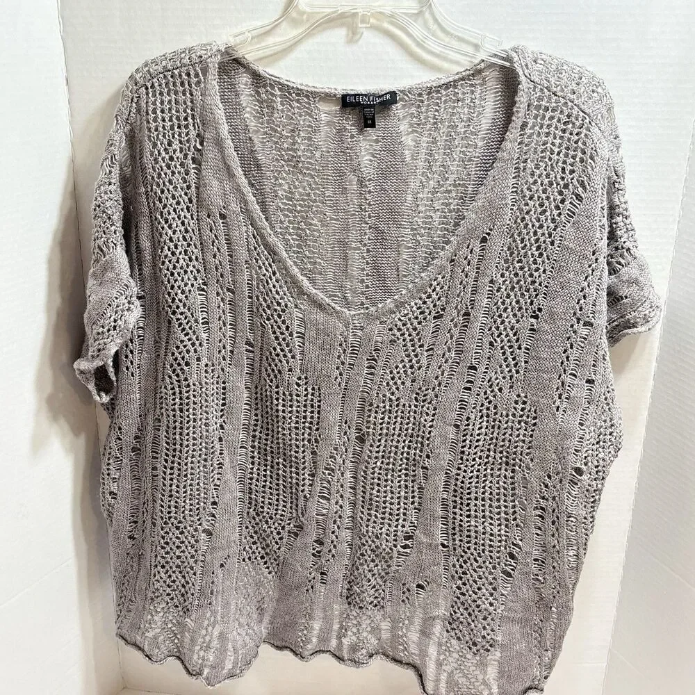 Eileen Fisher Taupe ITALIAN Linen V Neck Open Knit Top XL Slouchy Oversized